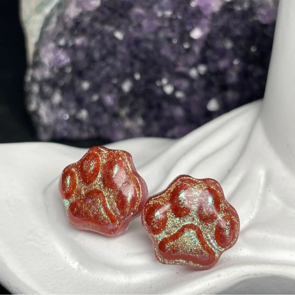 Glitter Resin Hand Poured Resin Paw Stud Earrings - Picture 5 of 10